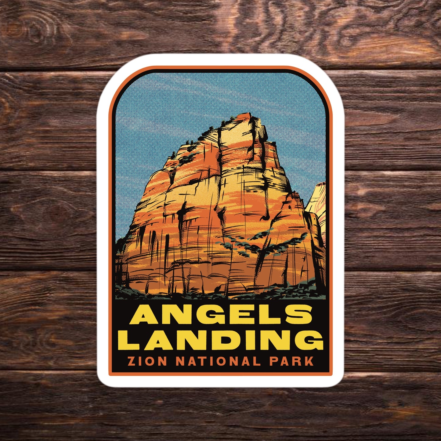 Sticker of Angels Landing at Zion National Park on a wooden surface