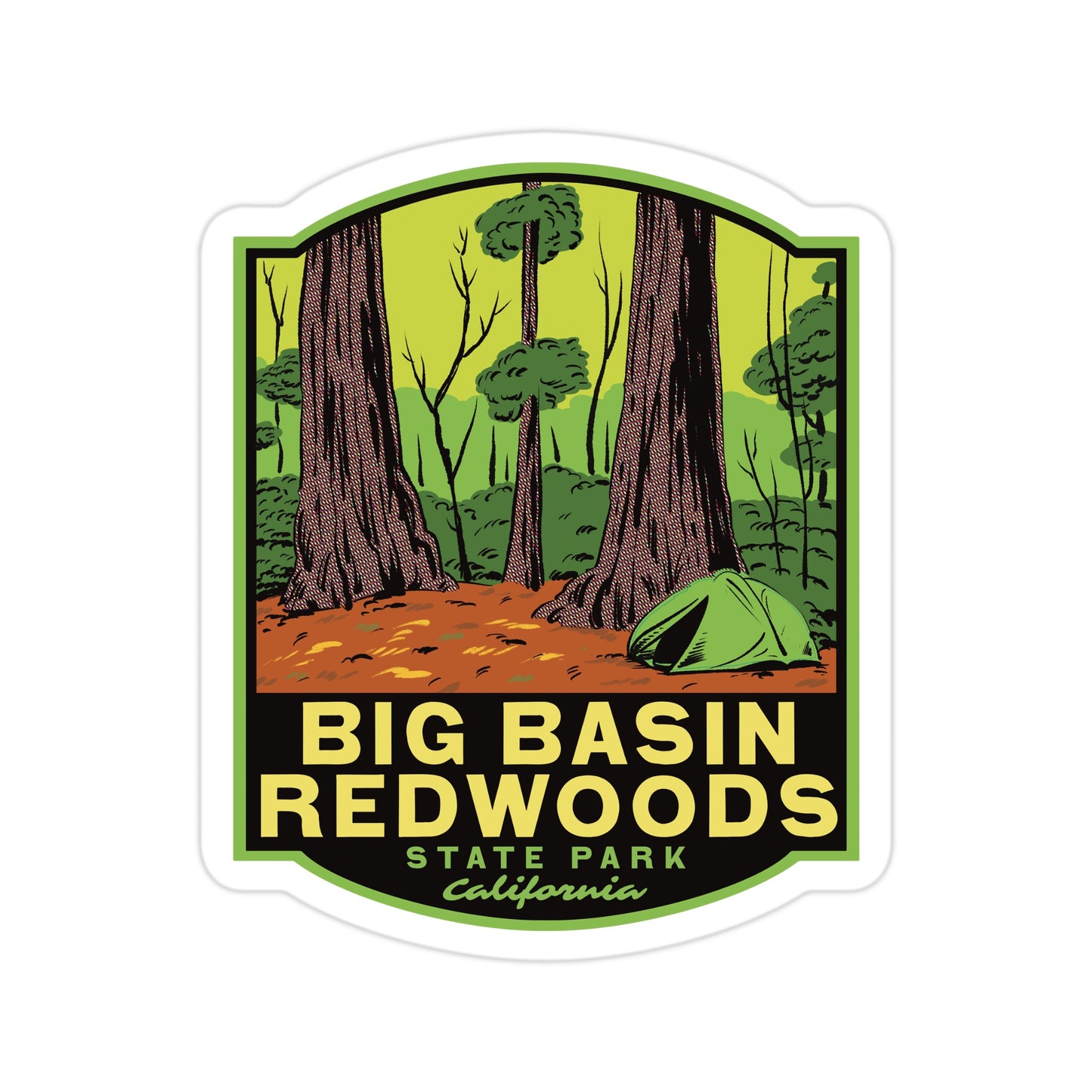 Sticker of Big Basin Redwoods State Park with trees and a tent on a white background