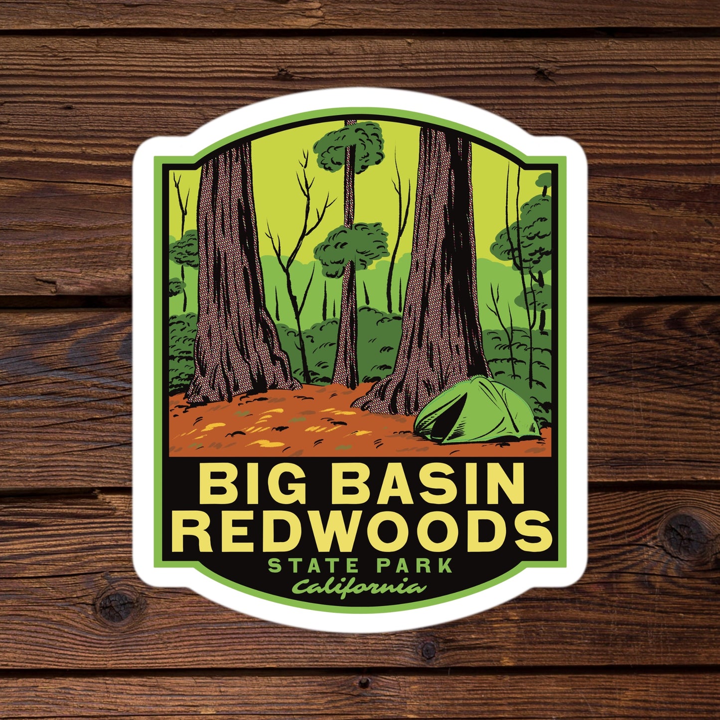 Sticker of Big Basin Redwoods State Park with trees and a tent on a wooden background