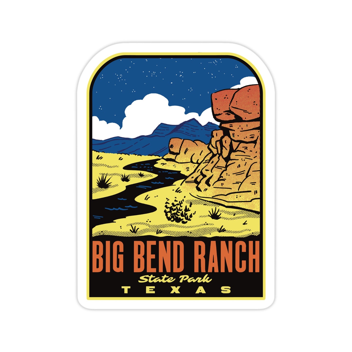Sticker of Big Bend Ranch State Park, Texas with desert landscape illustration.