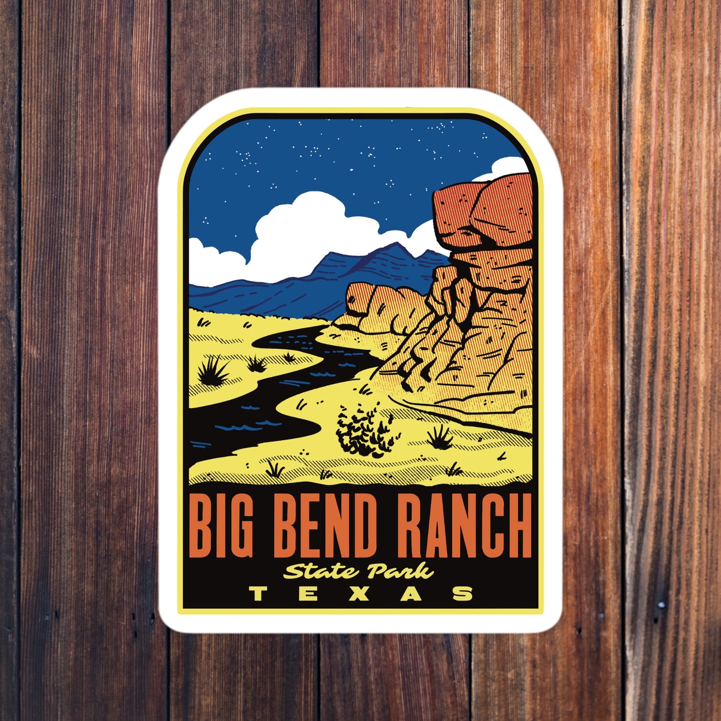 Sticker of Big Bend Ranch State Park, Texas on a wooden background