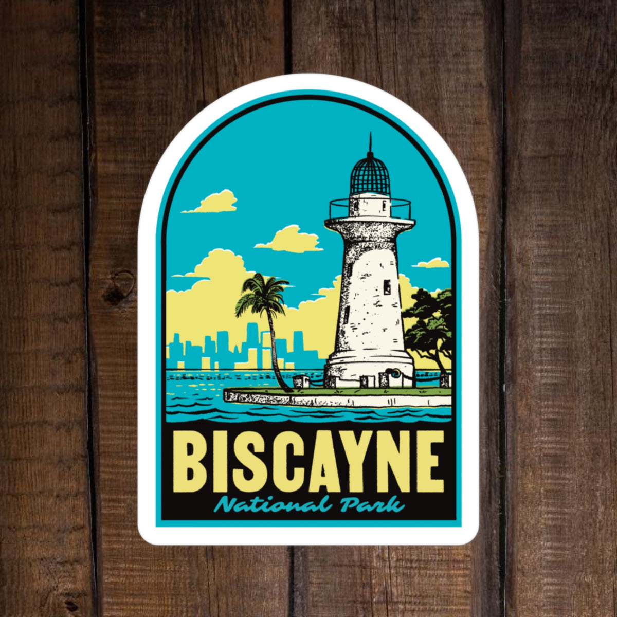 a sticker of Biscayne National Park on a wood background