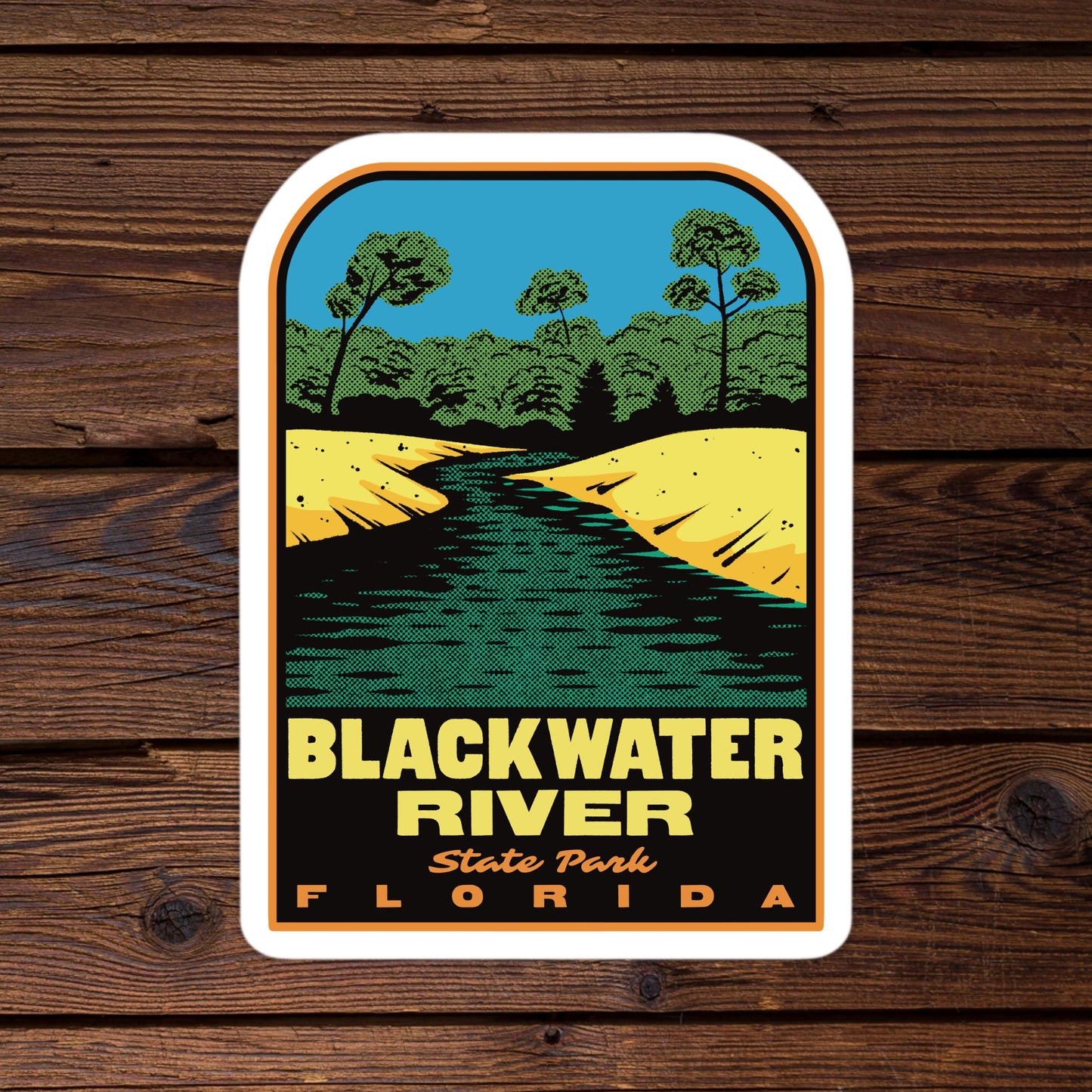 Sticker of Blackwater River State Park, Florida on a wooden background