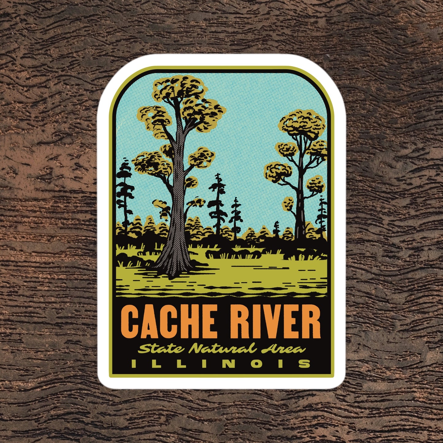Sticker of Cache River State Natural Area, Illinois with trees and grass on a wooden background