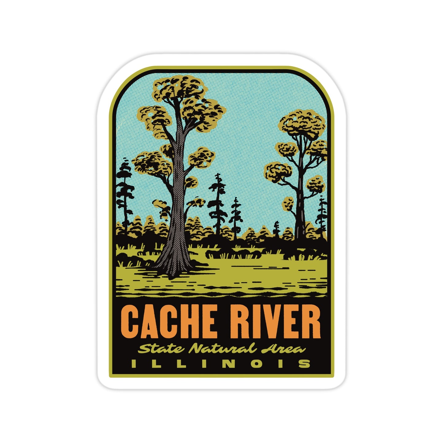 Sticker with Cache River State Natural Area Illinois design featuring trees and water.