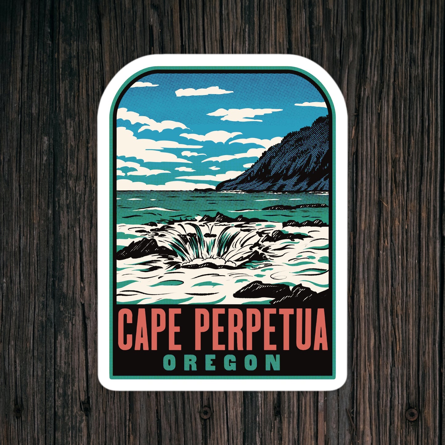 Sticker of Cape Perpetua, Oregon with a scenic design on a wooden background