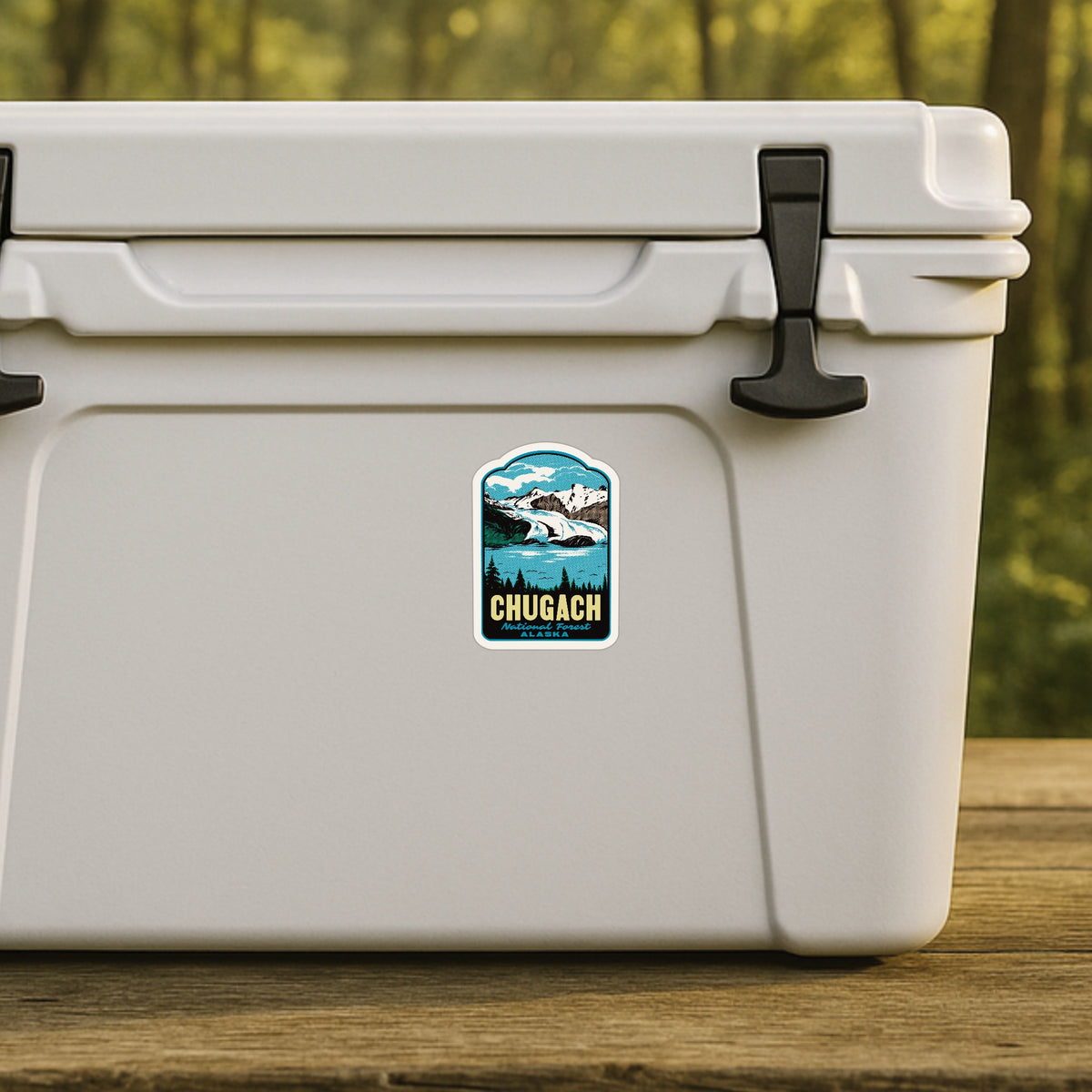 A white cooler sitting on a wooden table outdoors, with a small rectangular sticker on the front that reads "CHUGACH" and shows a mountain-and-water landscape illustration. The background is a blurred forest scene.
