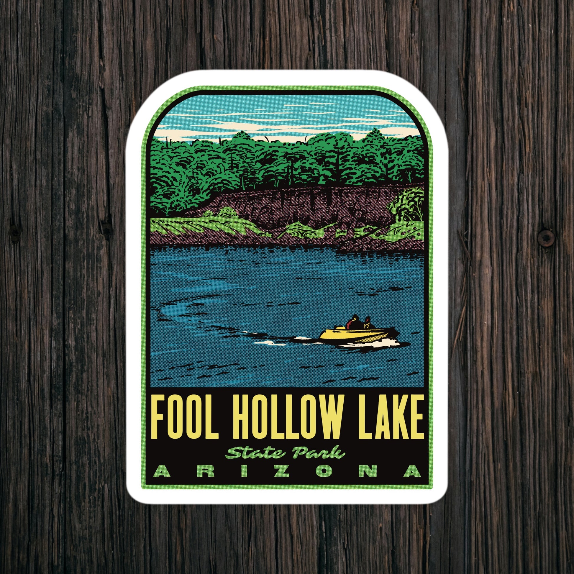 A sticker of Fool Hollow Lake State Park on a table