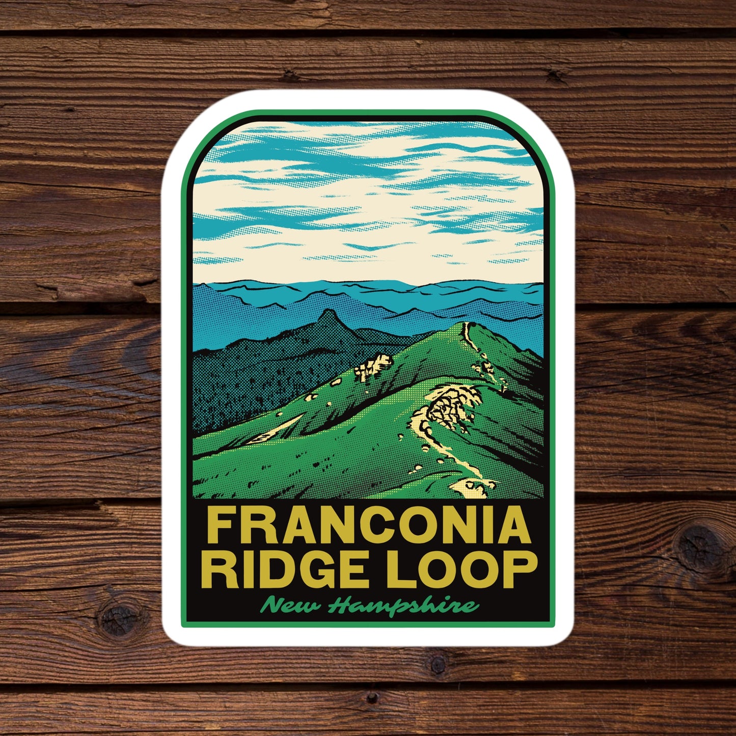 Sticker of Franconia Ridge Loop in New Hampshire on a wooden background