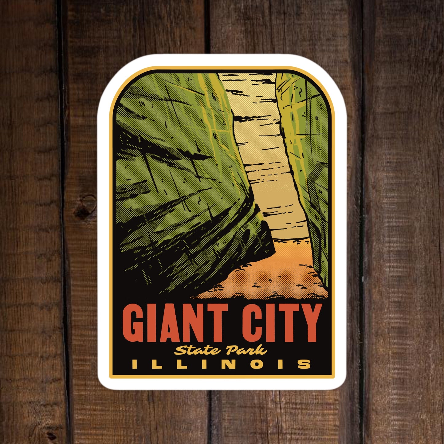 Sticker of Giant City State Park, Illinois on a wooden background