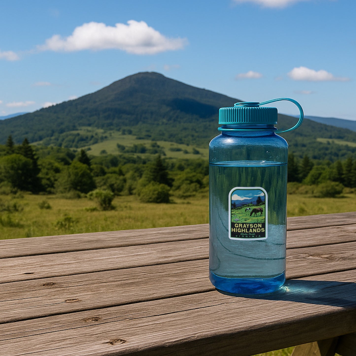 Retro Grayson Highlands sticker on a water bottle, showcasing bold vintage design with the Virginia landscape—durable, waterproof vinyl ideal for hikers and outdoor enthusiasts