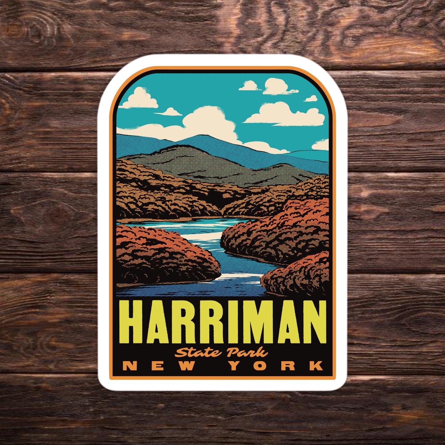 Sticker of Harriman State Park, New York with a scenic design on a wooden background