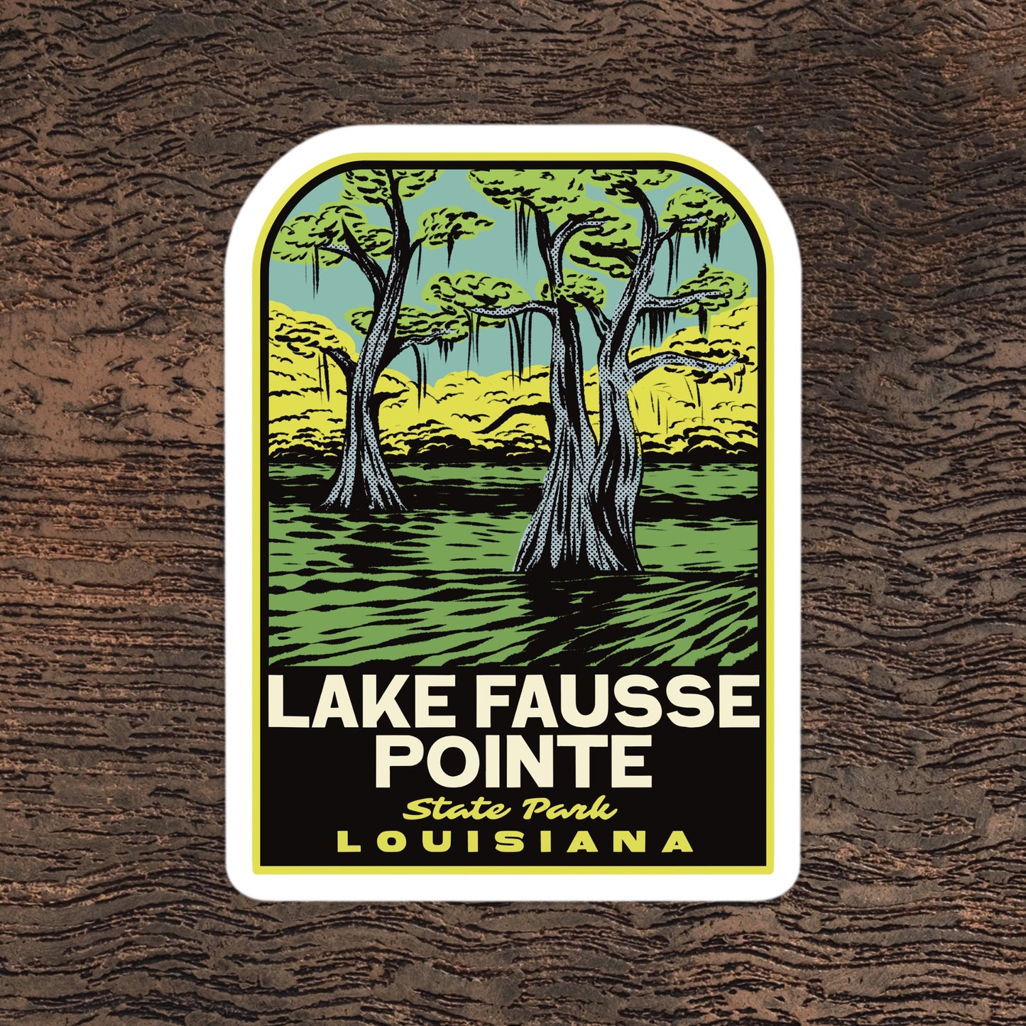 Sticker of Lake Fausse Pointe State Park, Louisiana on a wooden surface