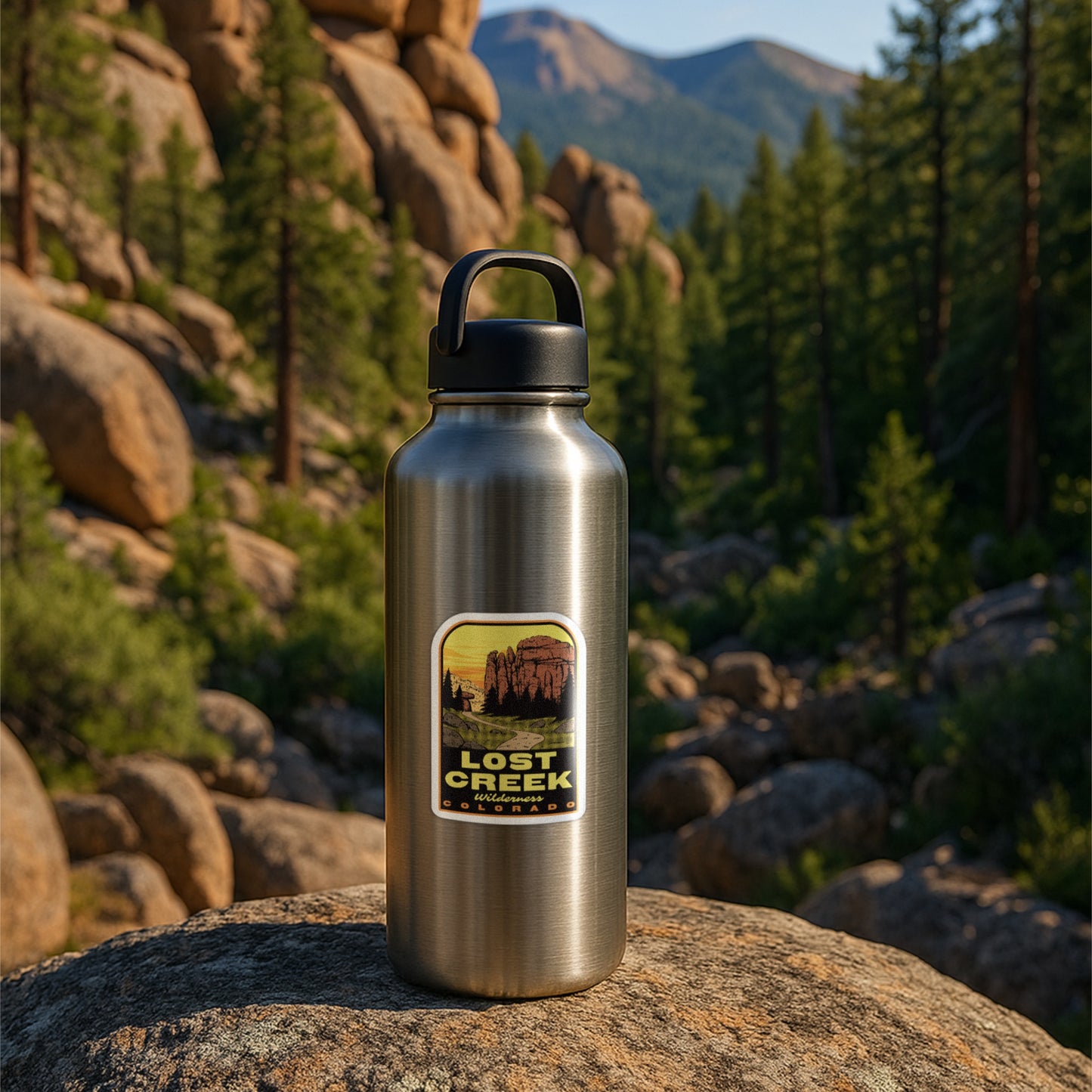 Silver water bottle with a label on a rock in a mountainous forest