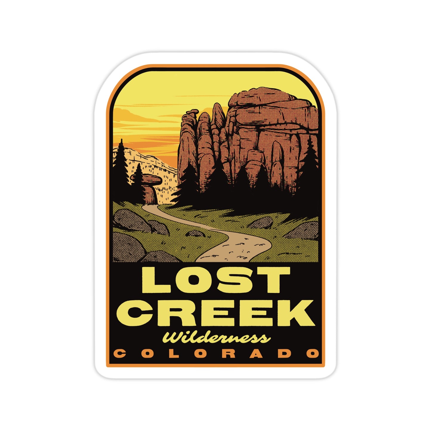 Sticker with a scenic illustration of Lost Creek Wilderness, Colorado, featuring rock formations and a sunset.