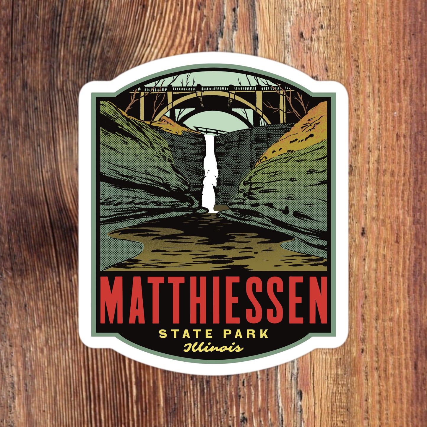 Sticker of Matthiessen State Park, Illinois on a wooden background