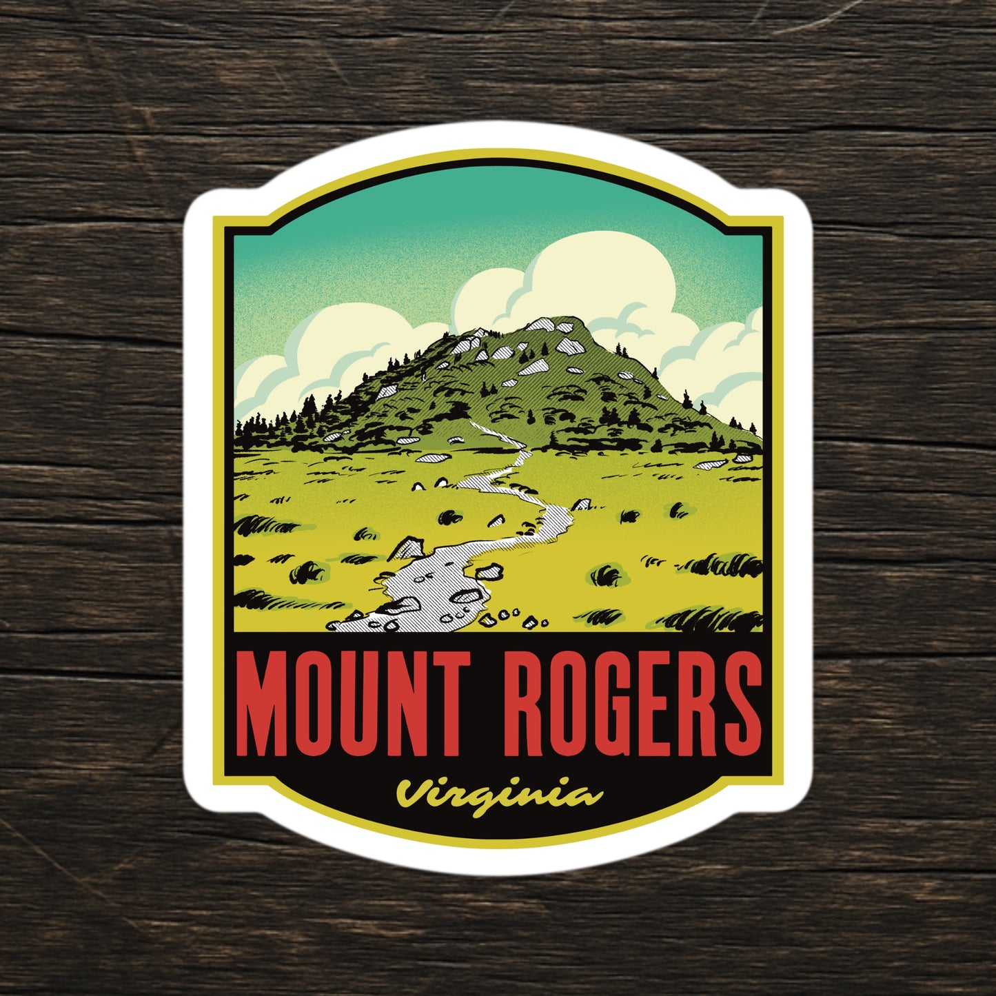 Sticker of Mount Rogers, Virginia on a wooden surface