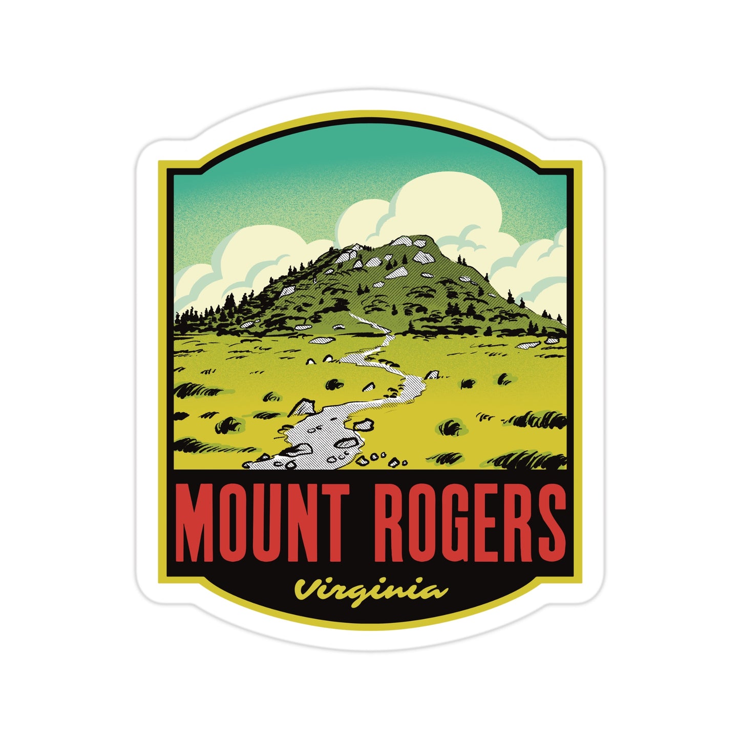Sticker with illustration of Mount Rogers, Virginia, featuring a mountain and winding road.