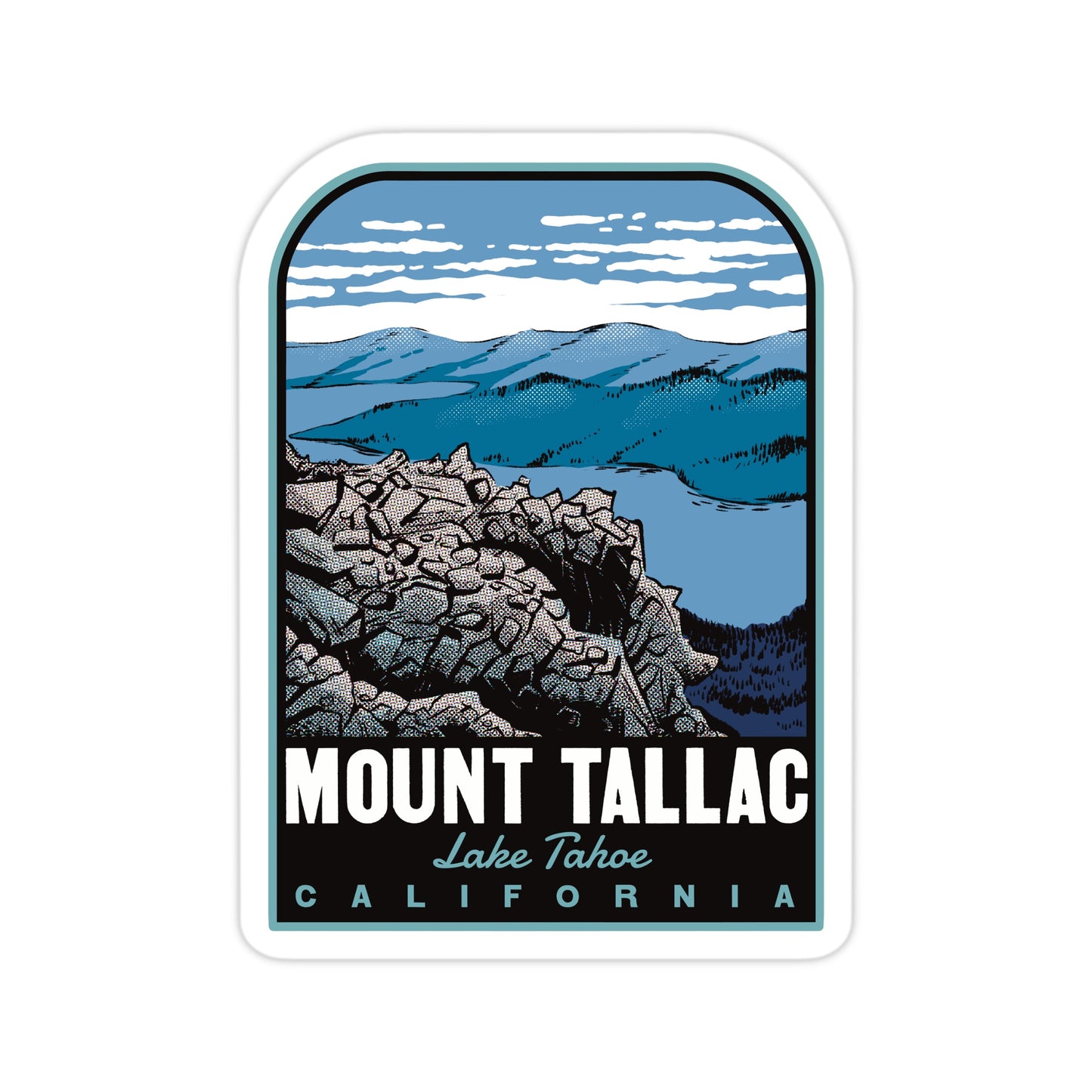 A sticker of Mount Tallac near Lake Tahoe in a retro style