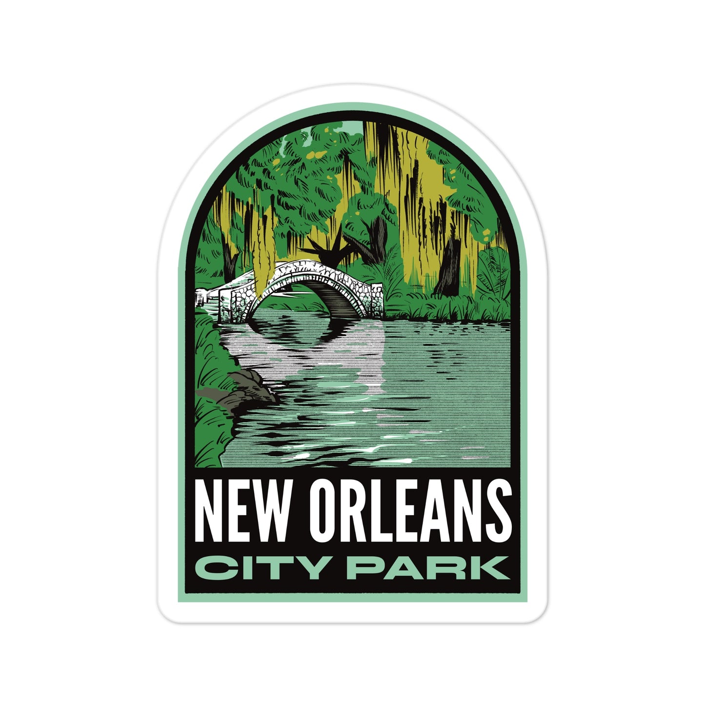 A sticker of New Orleans City Park on a laptop