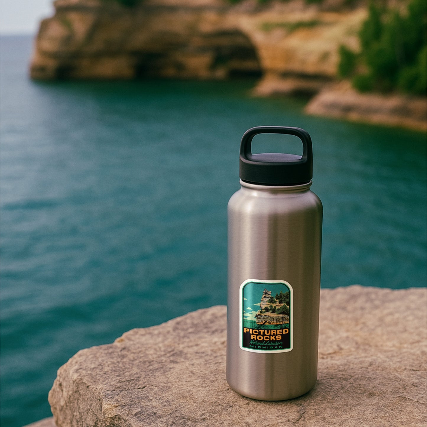 A retro travel sticker of Pictured Rocks National Lakeshore on a water bottle
