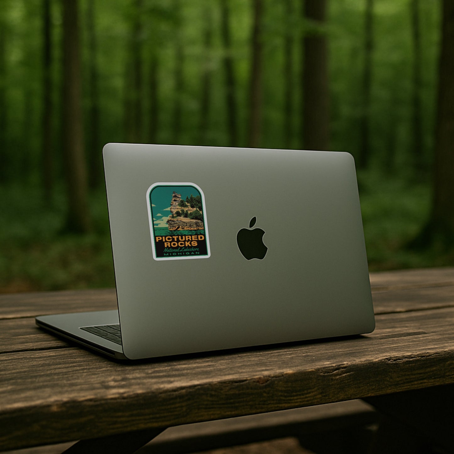 A sticker of Pictured Rocks National Lakeshore on a laptop in a forest