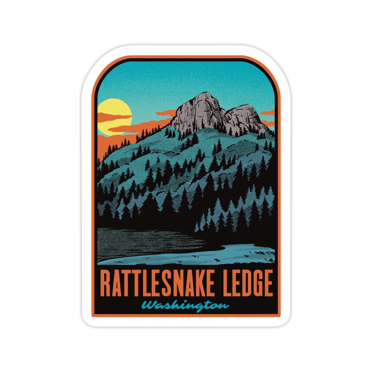 Sticker with a mountain landscape and 'Rattlesnake Ledge, Washington' text on a white background