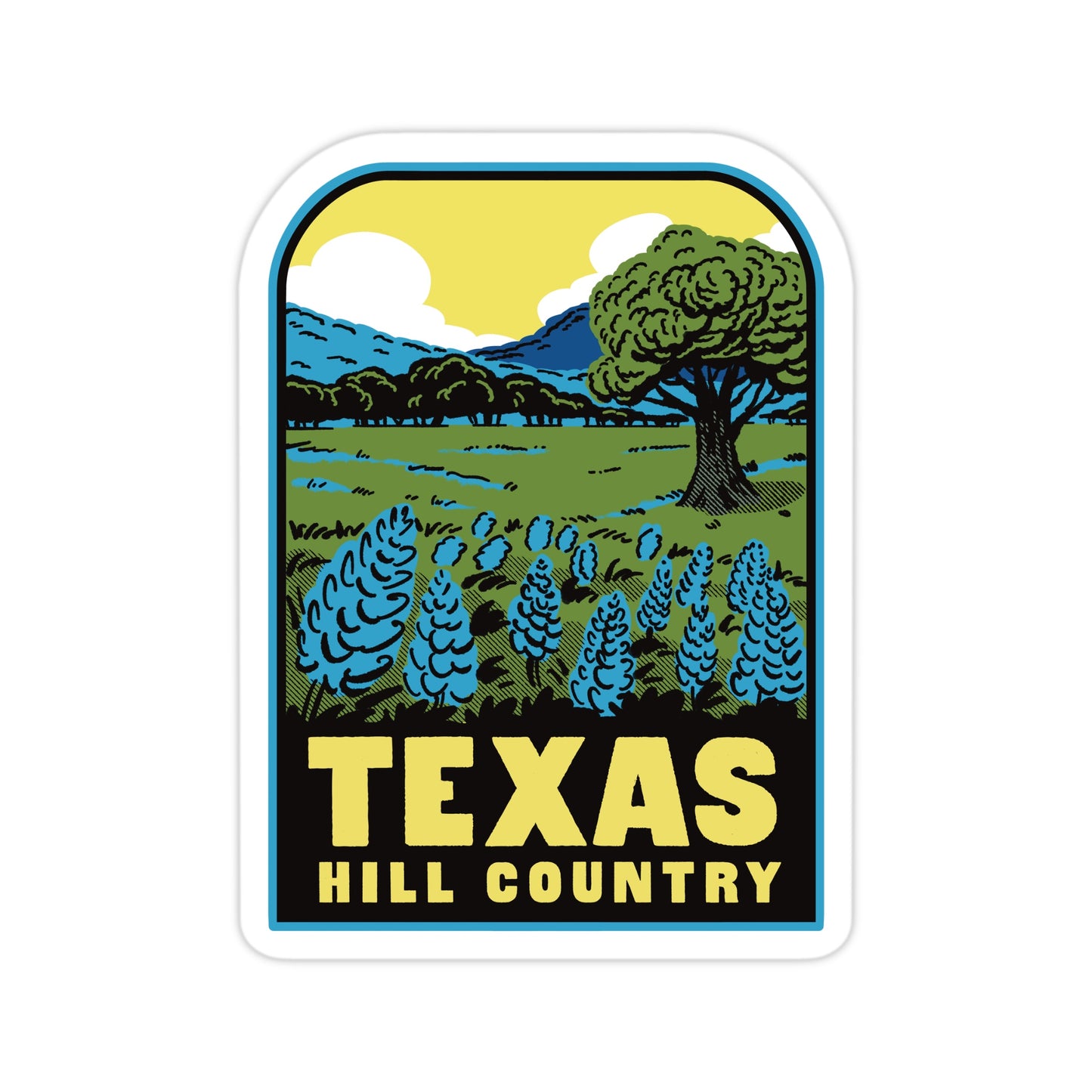 Sticker with 'Texas Hill Country' design featuring trees and landscape.