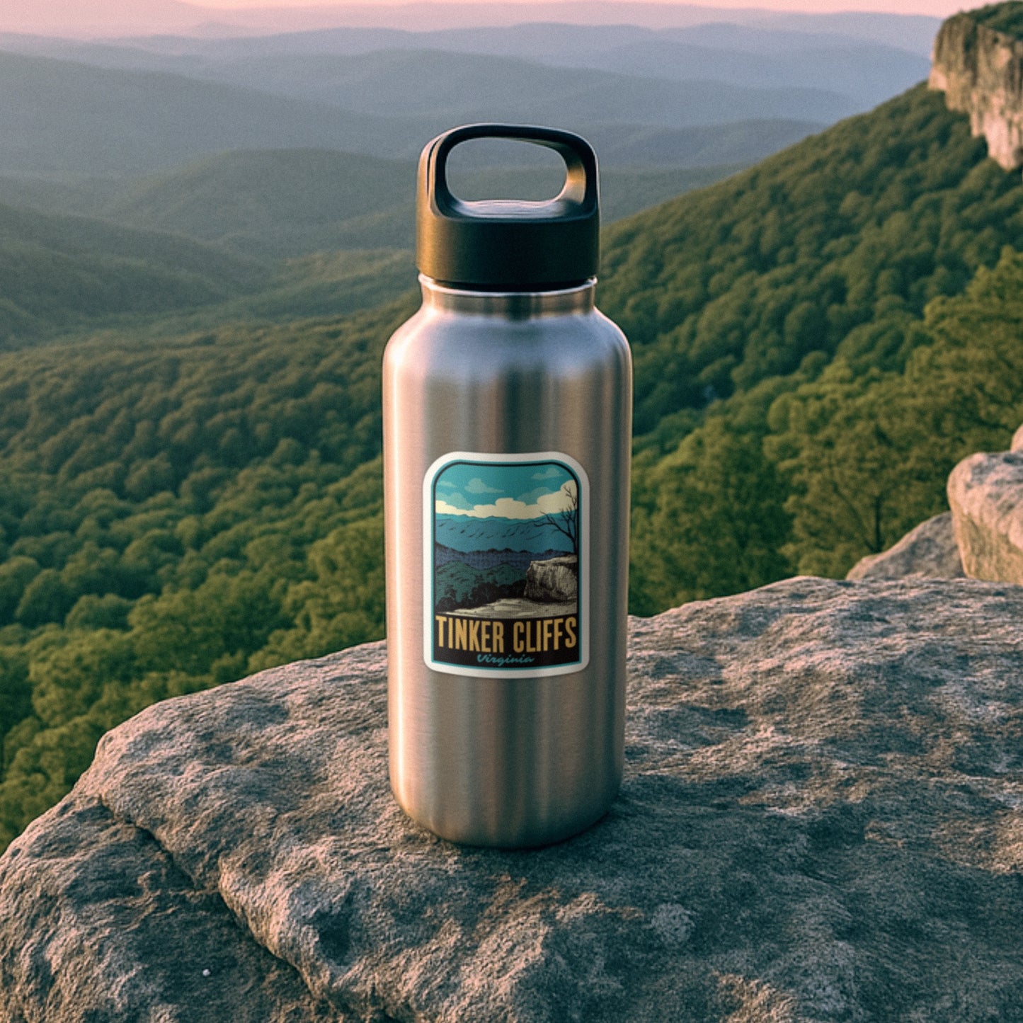 Silver water bottle with a Tinker Cliffs sticker on a rock with a scenic mountain view in the background
