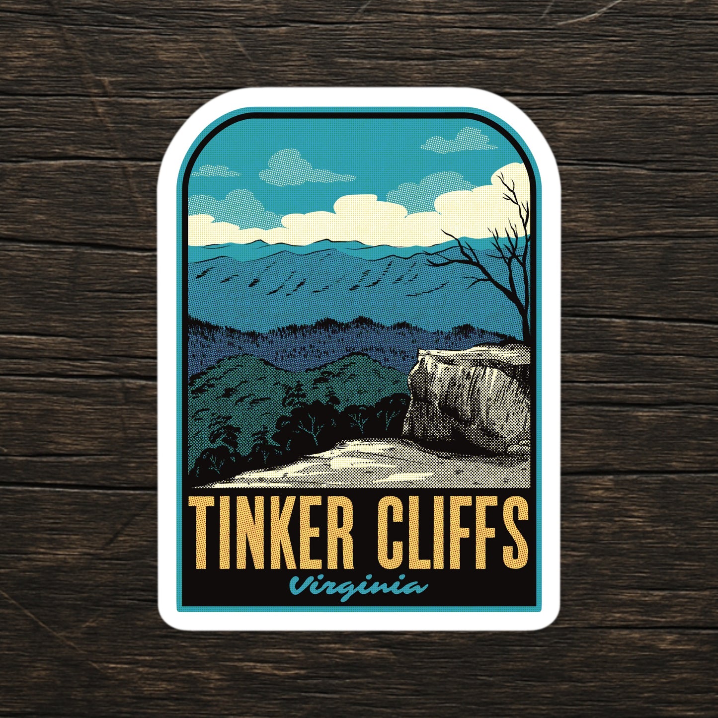 Sticker of Tinker Cliffs, Virginia with mountain landscape on a wooden surface
