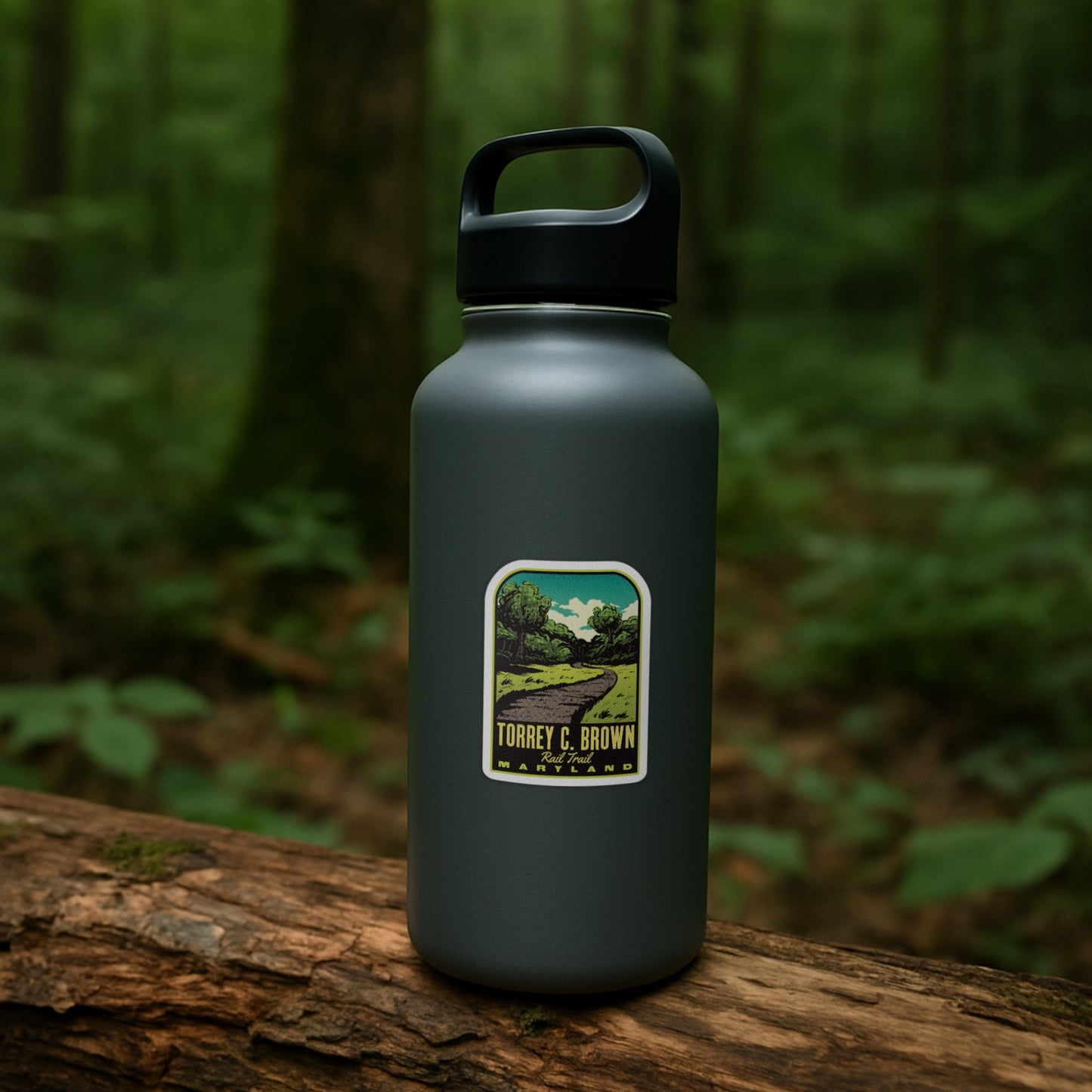 Black water bottle with a label on a wooden log in a forest setting