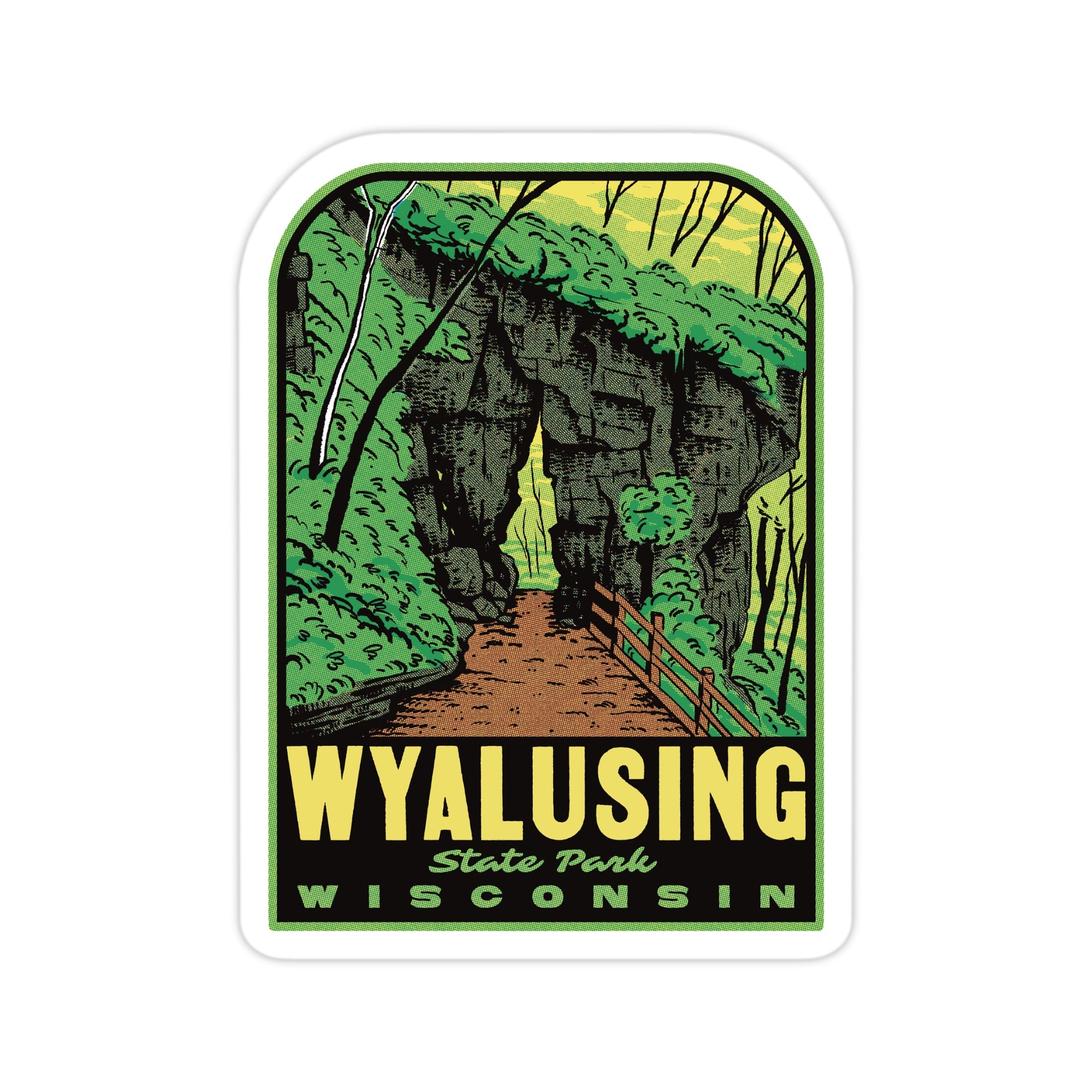 Wyalusing State Park vinyl sticker in retro mid-century style, featuring Treasure Cave Trail, nostalgic line work, and half tone colors—durable, waterproof decal perfect for outdoor gear, laptops, and water bottles