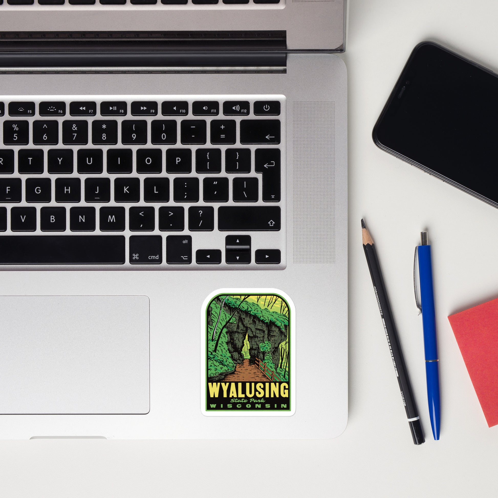 Wyalusing State Park vinyl decal in retro style displayed on laptop—features Wisconsin nature and half tones in mid-century design, perfect for travelers and state park lovers