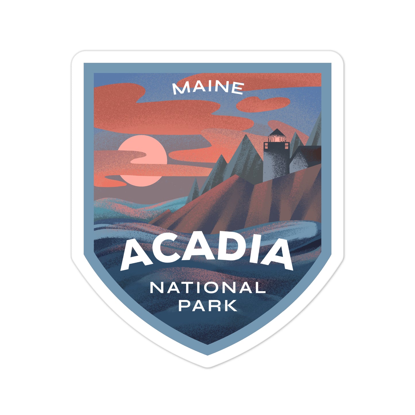A sticker featuring an illustration of Acadia National Park