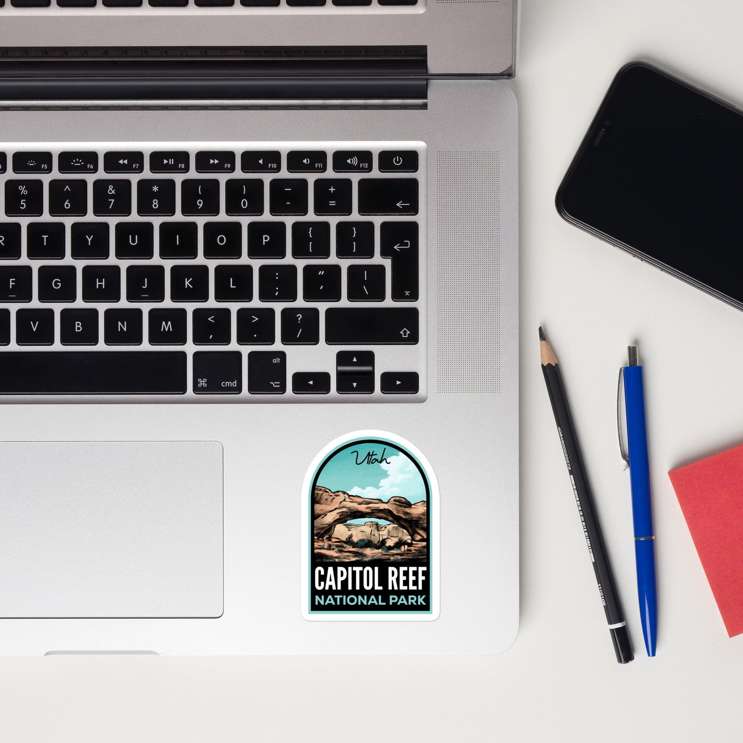 A sticker of Capitol Reef National Park on a laptop
