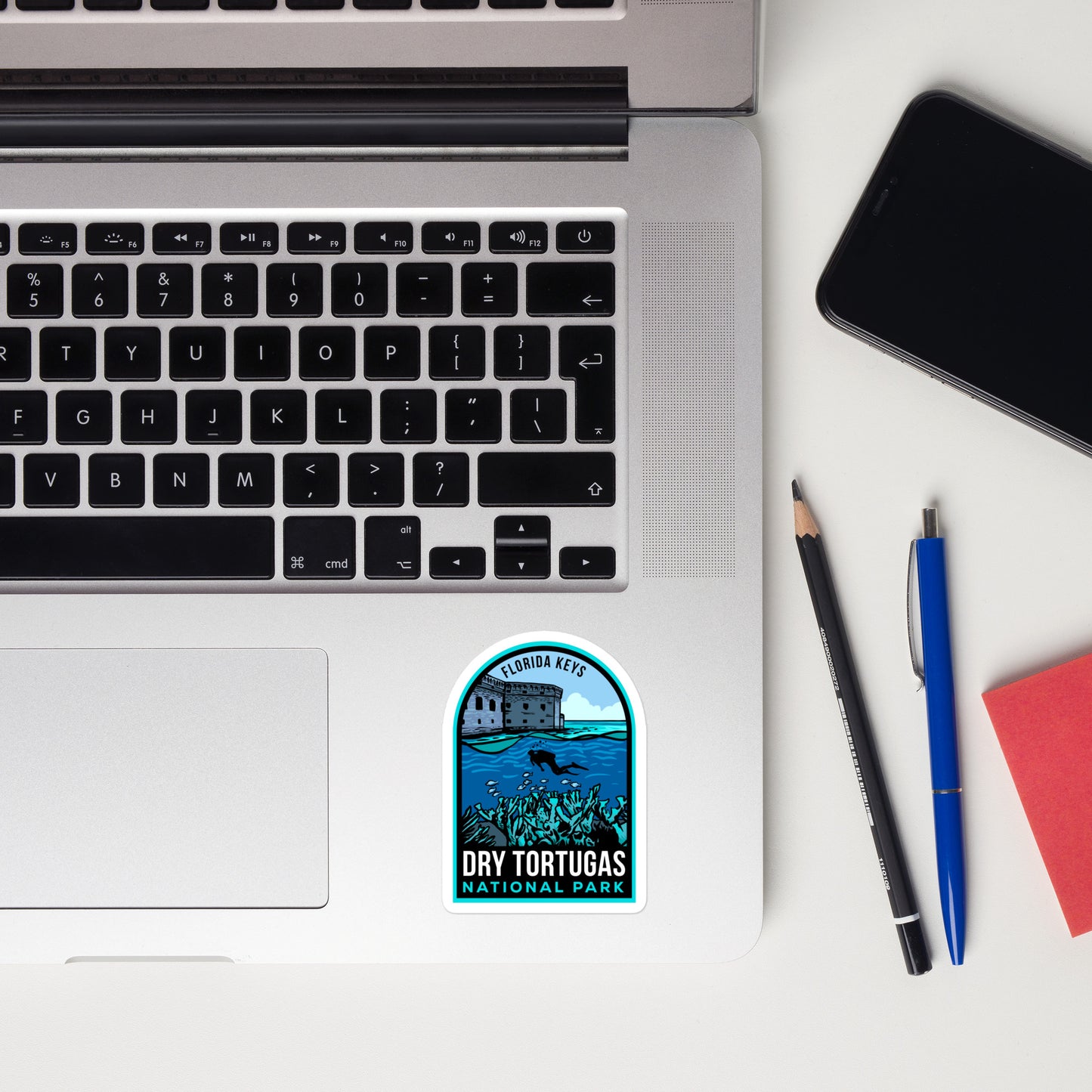 A sticker of Dry Tortugas National Park on a laptop