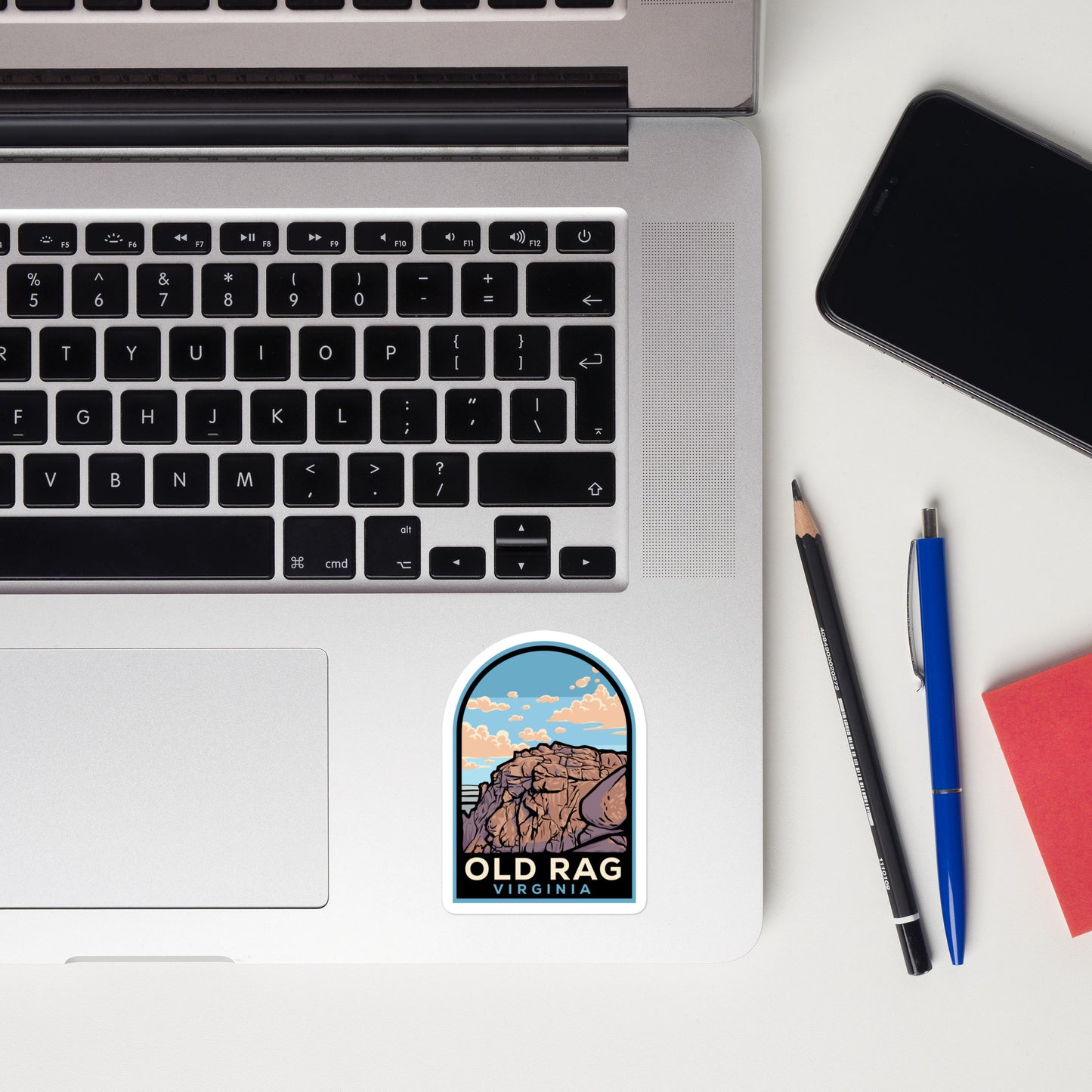 A sticker of Old Rag Virginia on a laptop
