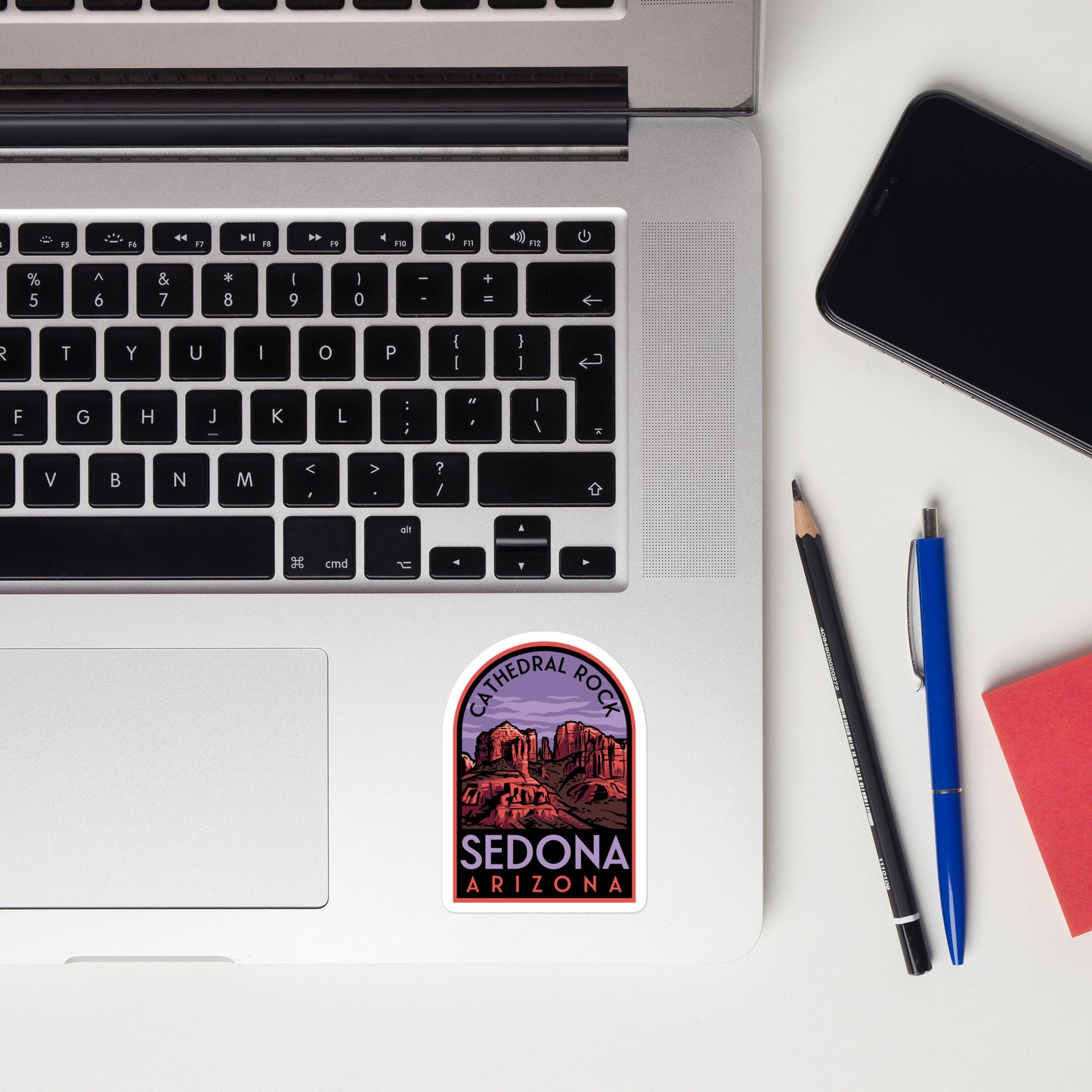 A sticker of Sedona Arizona on a laptop