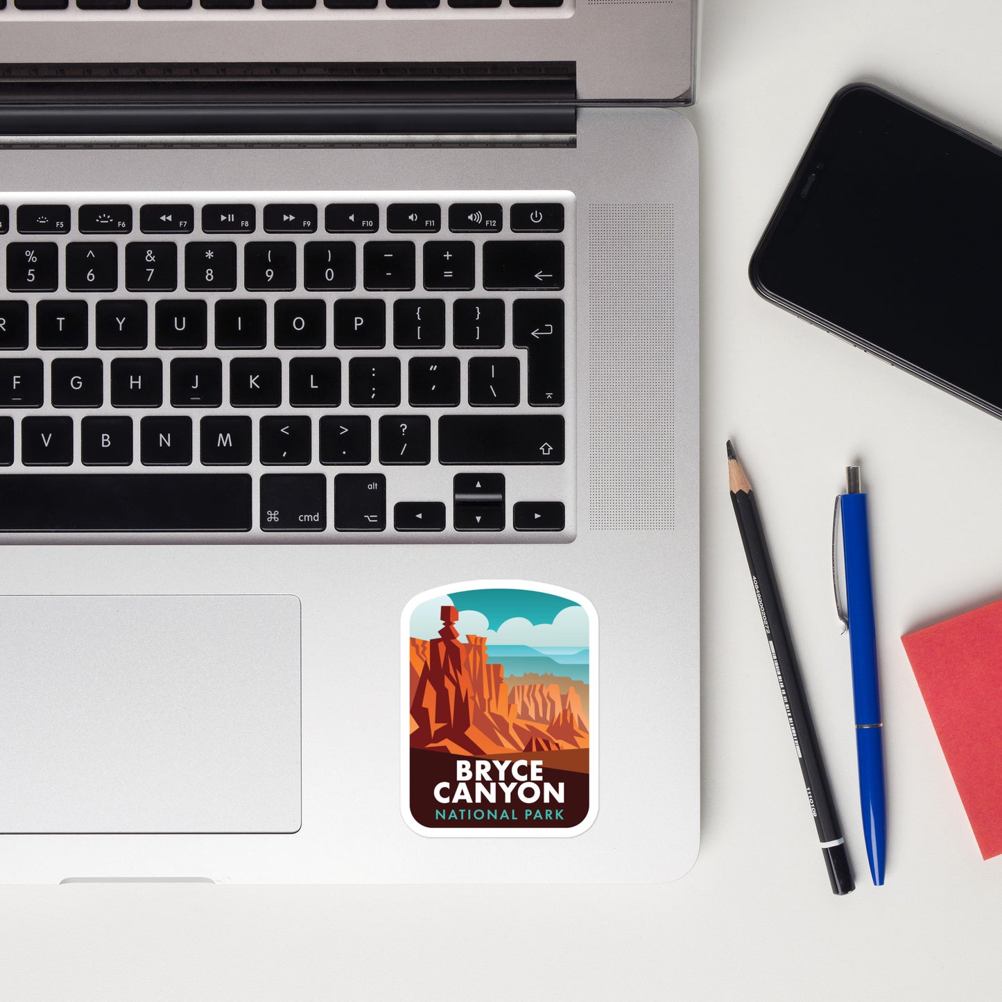 A sticker of Bryce Canyon National Park on a laptop
