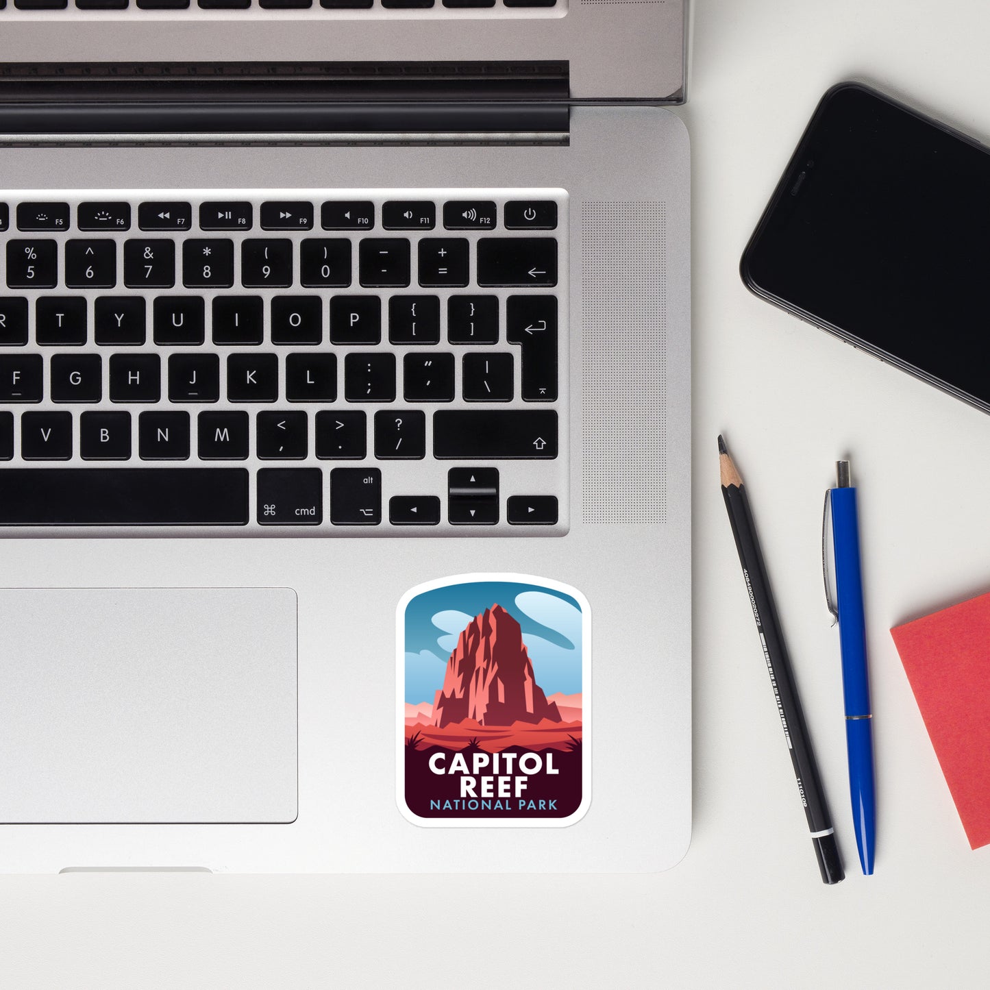 A sticker of Capitol Reef National Park on a laptop