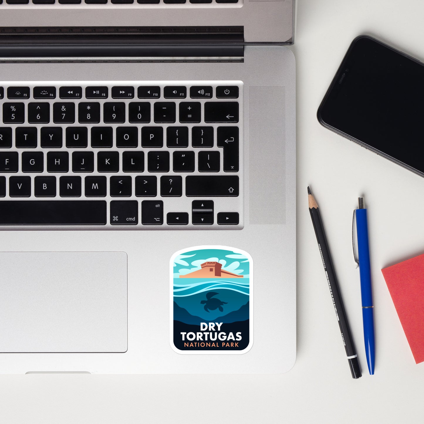 A sticker of Dry Tortugas National Park on a laptop