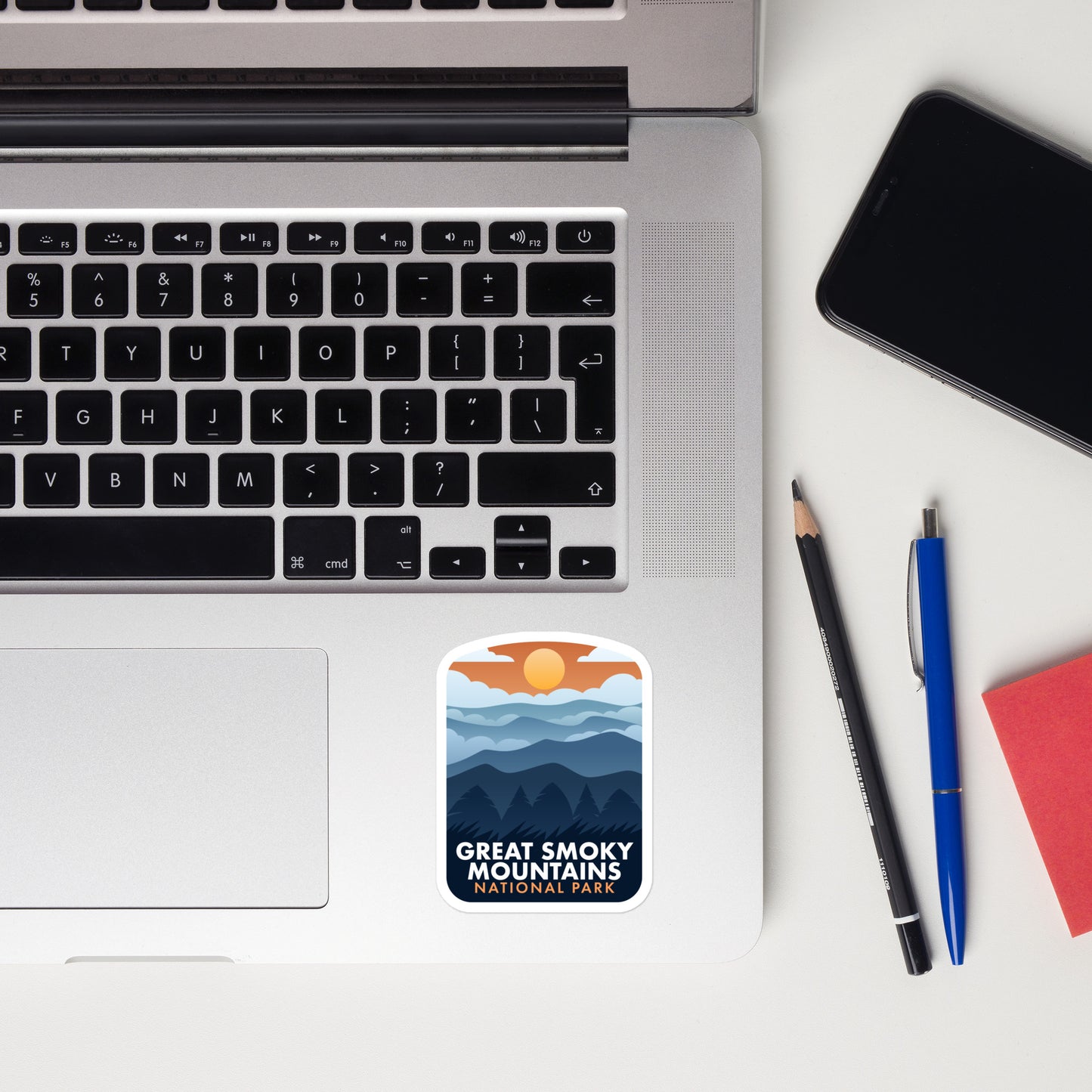 A sticker of Great Smoky Mountains National Park on a laptop