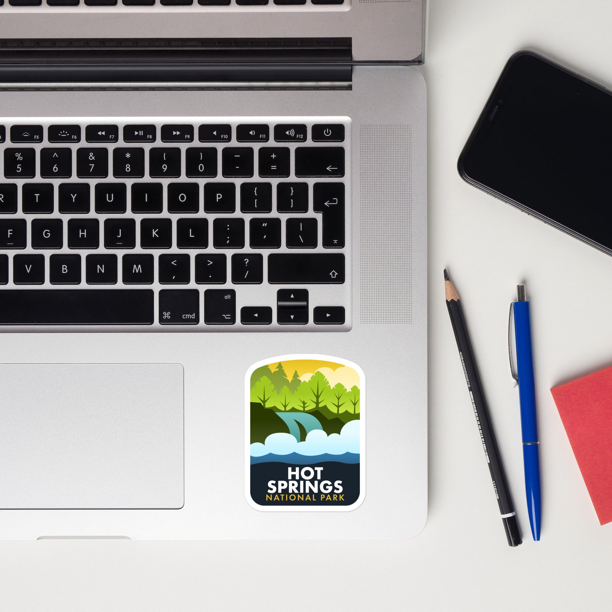 A sticker of Hot Springs National Park on a laptop