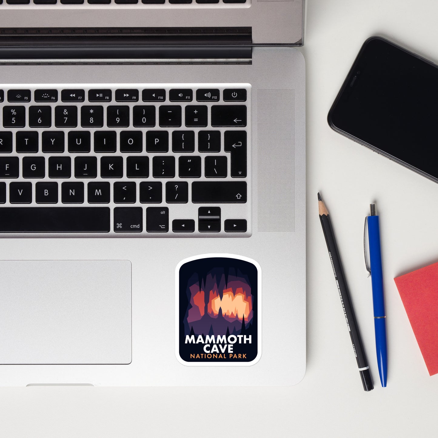 A sticker of Mammoth Cave National Park on a laptop