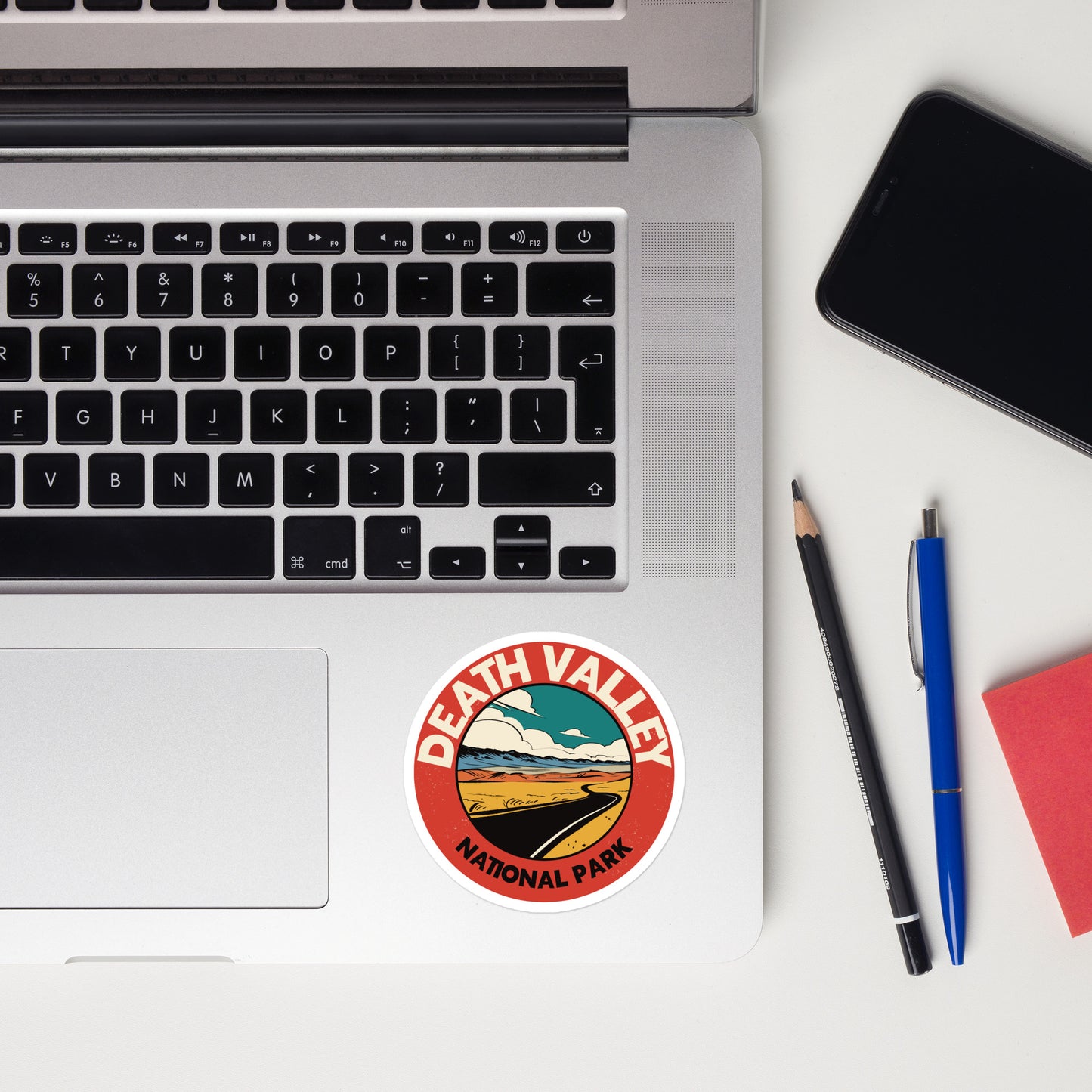 A sticker of Death Valley National Park on a laptop