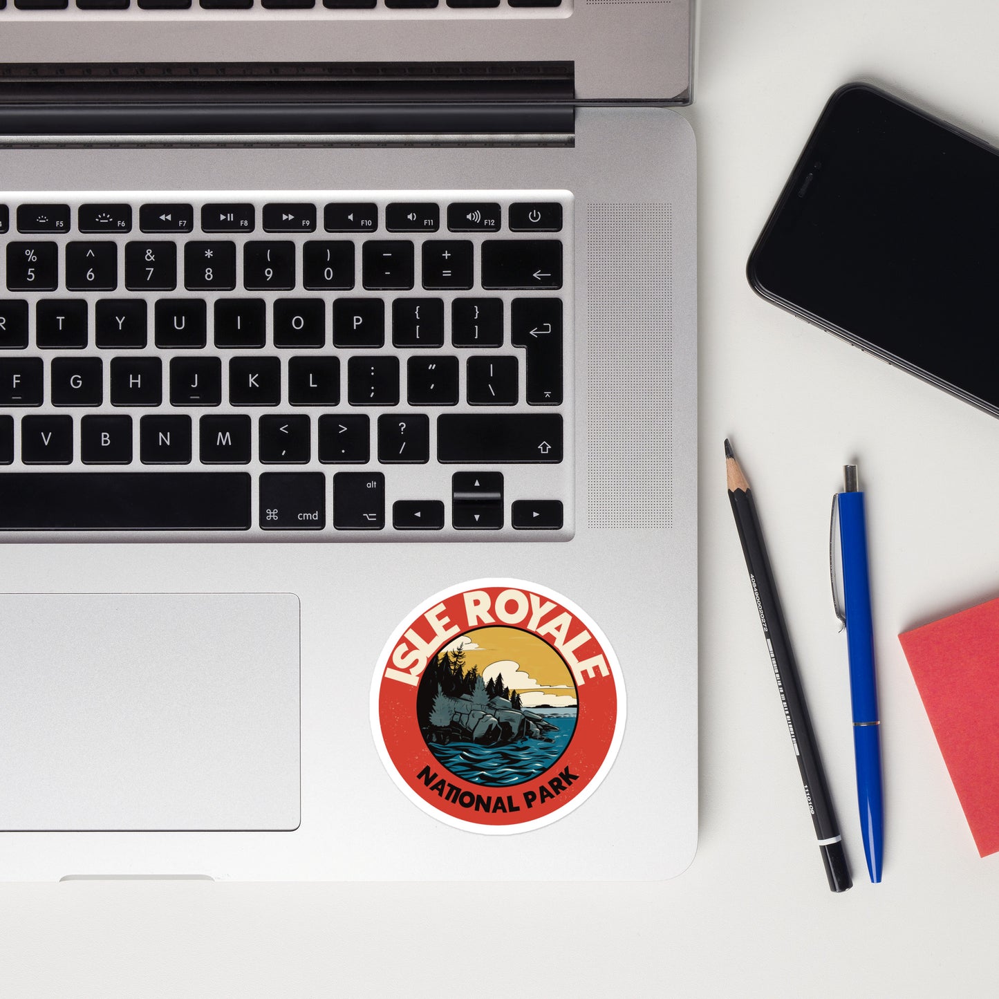 A sticker of Isle Royale National Park on a laptop