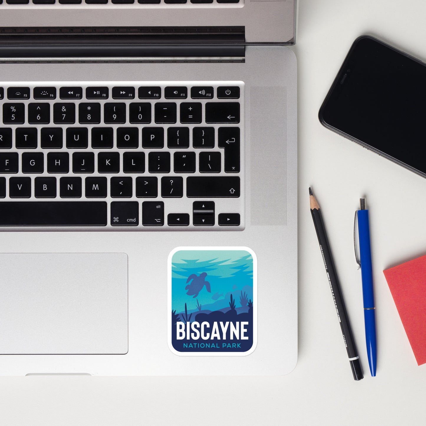 A sticker of Biscayne National Park on a laptop