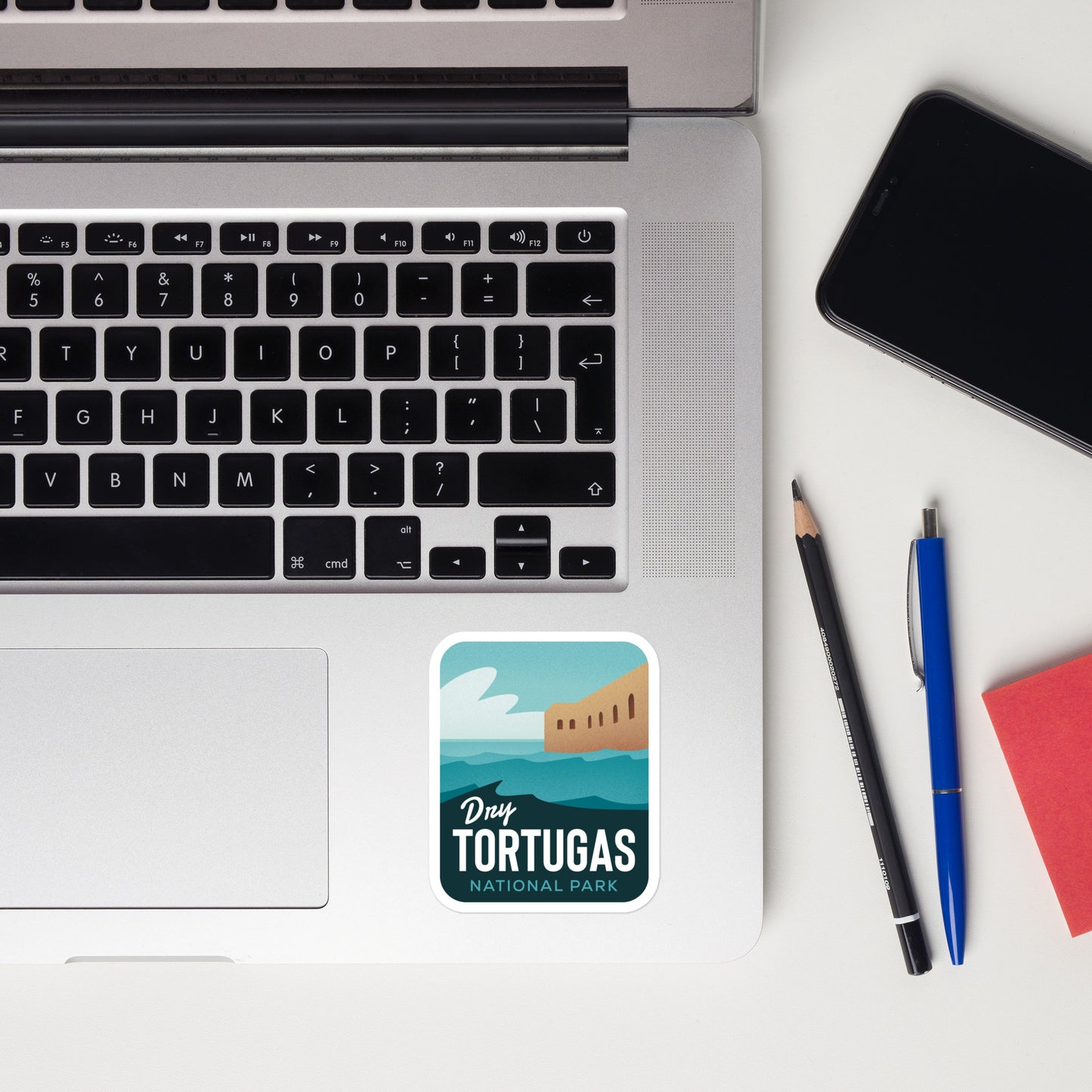 A sticker of Dry Tortugas National Park on a laptop