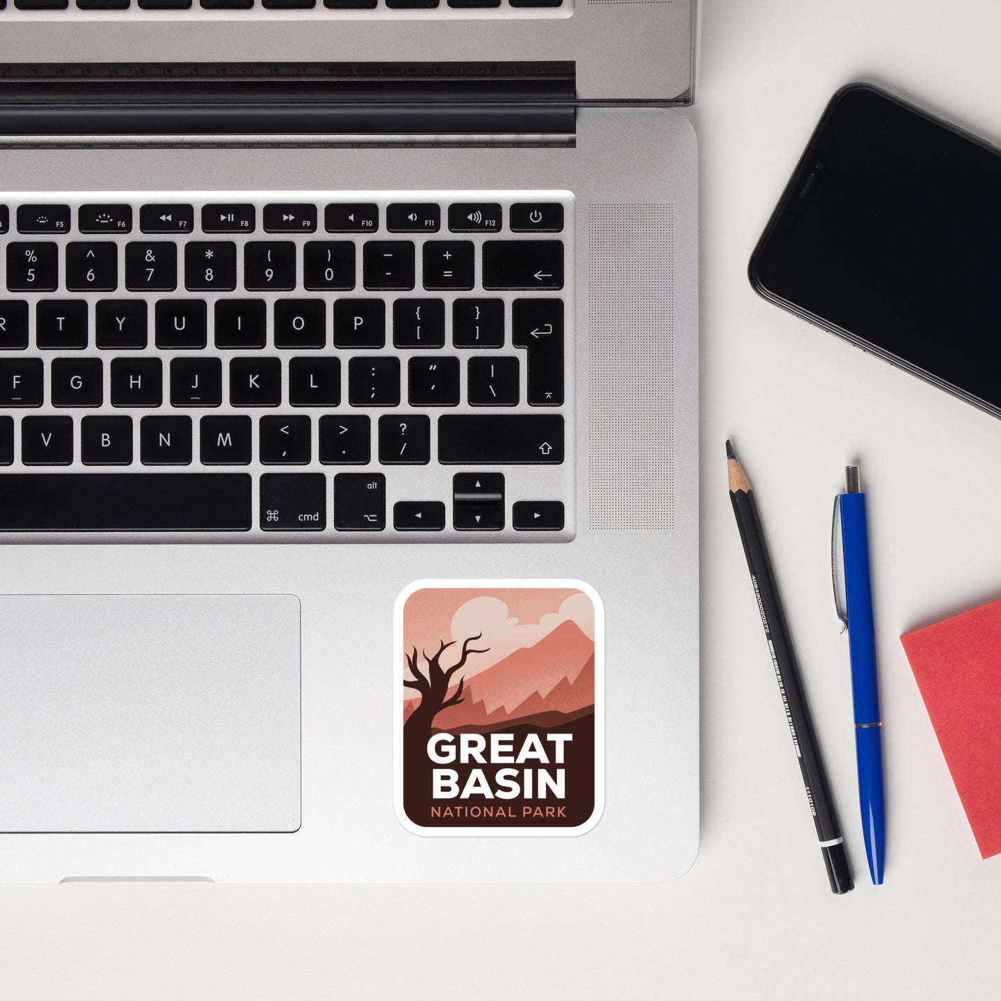 A sticker of Great Basin National Park on a laptop