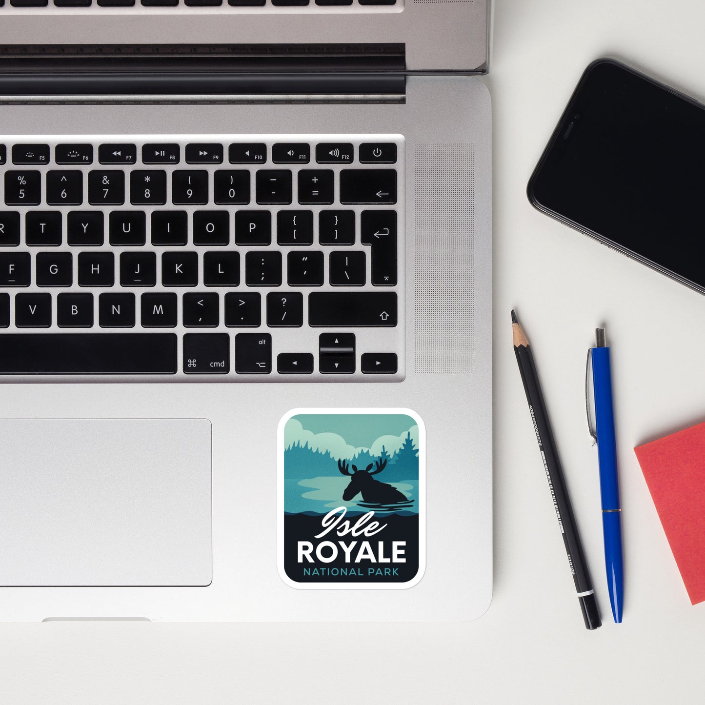 A sticker of Isle Royale National Park on a laptop
